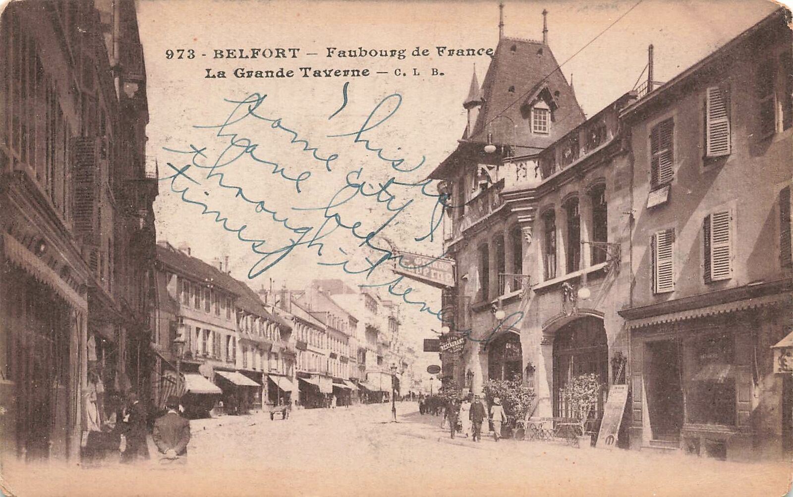 Vintage Postcard Belfort Faubourg de France La Grande Taverne street photo rue
