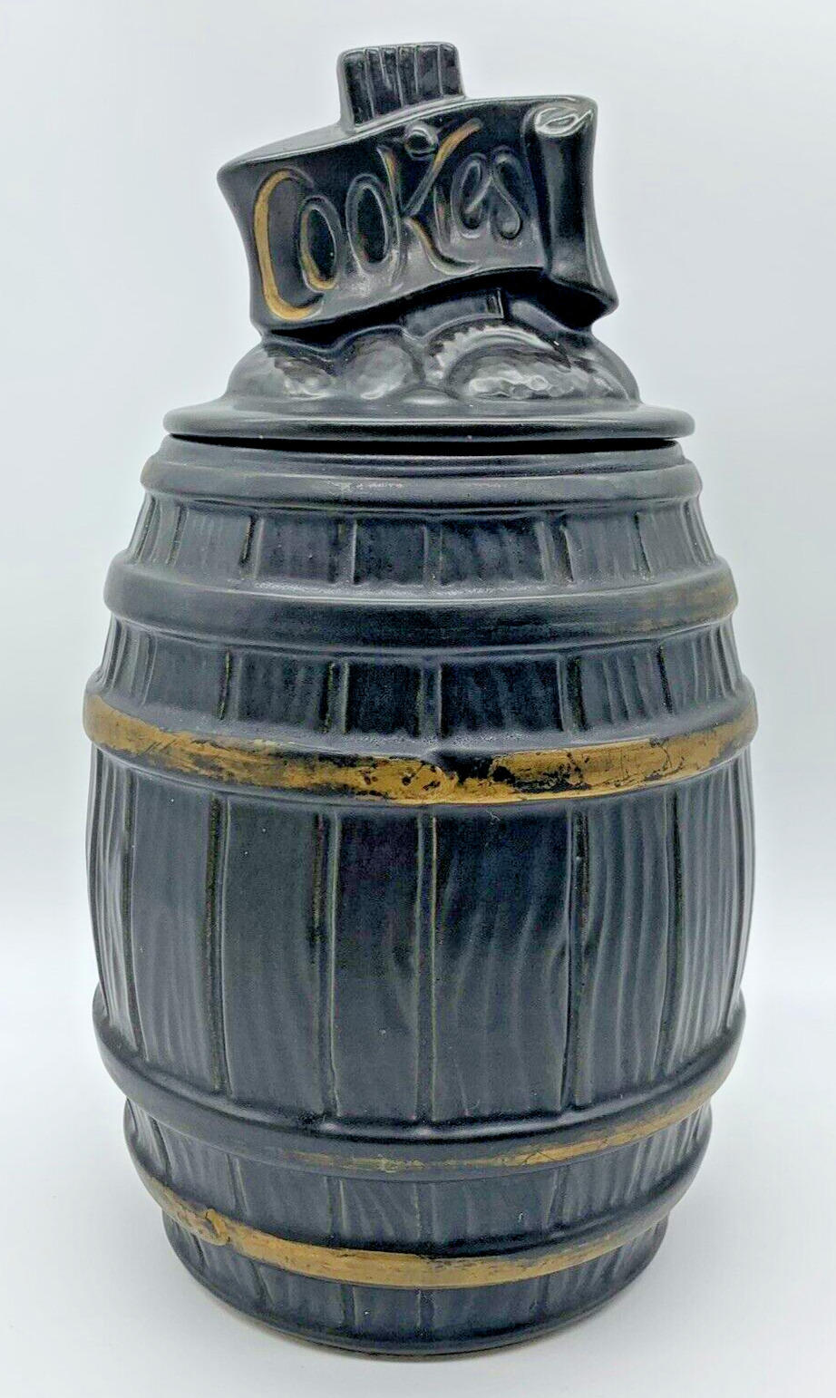 Vintage 1969 McCoy Pottery Black Brown Gold Barrel Cookie Jar MCM