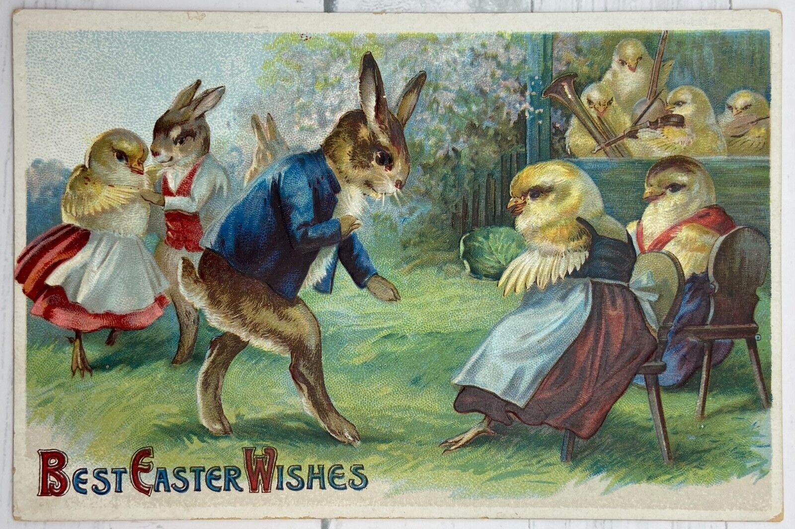 Vintage Postcard Best Easter Wishes ~ Anthropomorphic Rabbits and Chicks