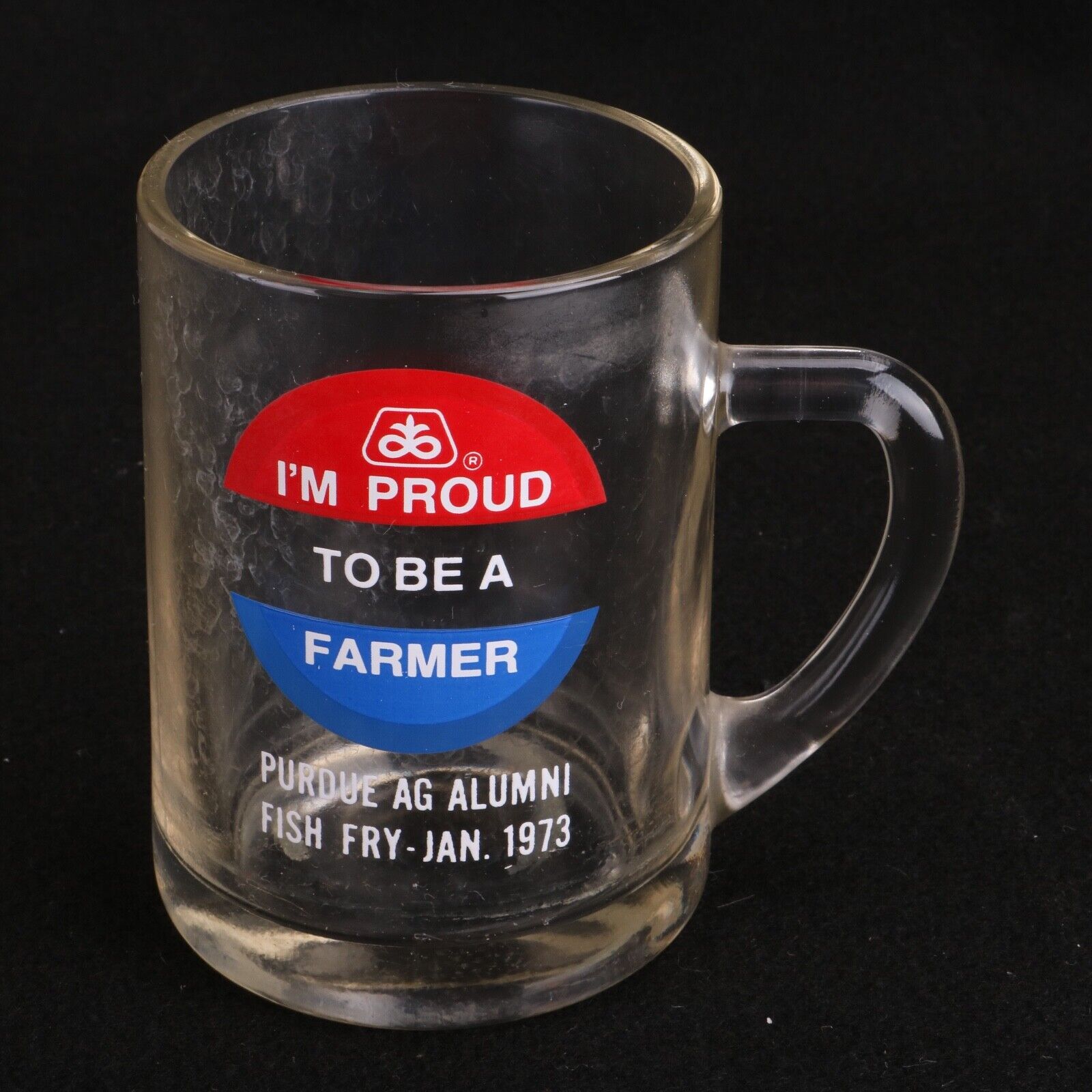 Vintage Purdue AG Alumni 1973 Fish Fry I\'m Proud To Be A Farmer Glass Mug