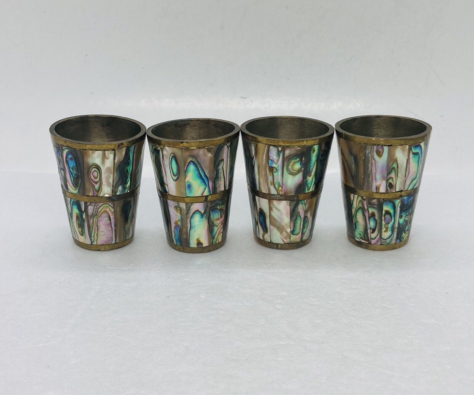 Antique 1950s Mother Of Pearl Brass Shot Glass 2” Abalone Shells Art Decor O