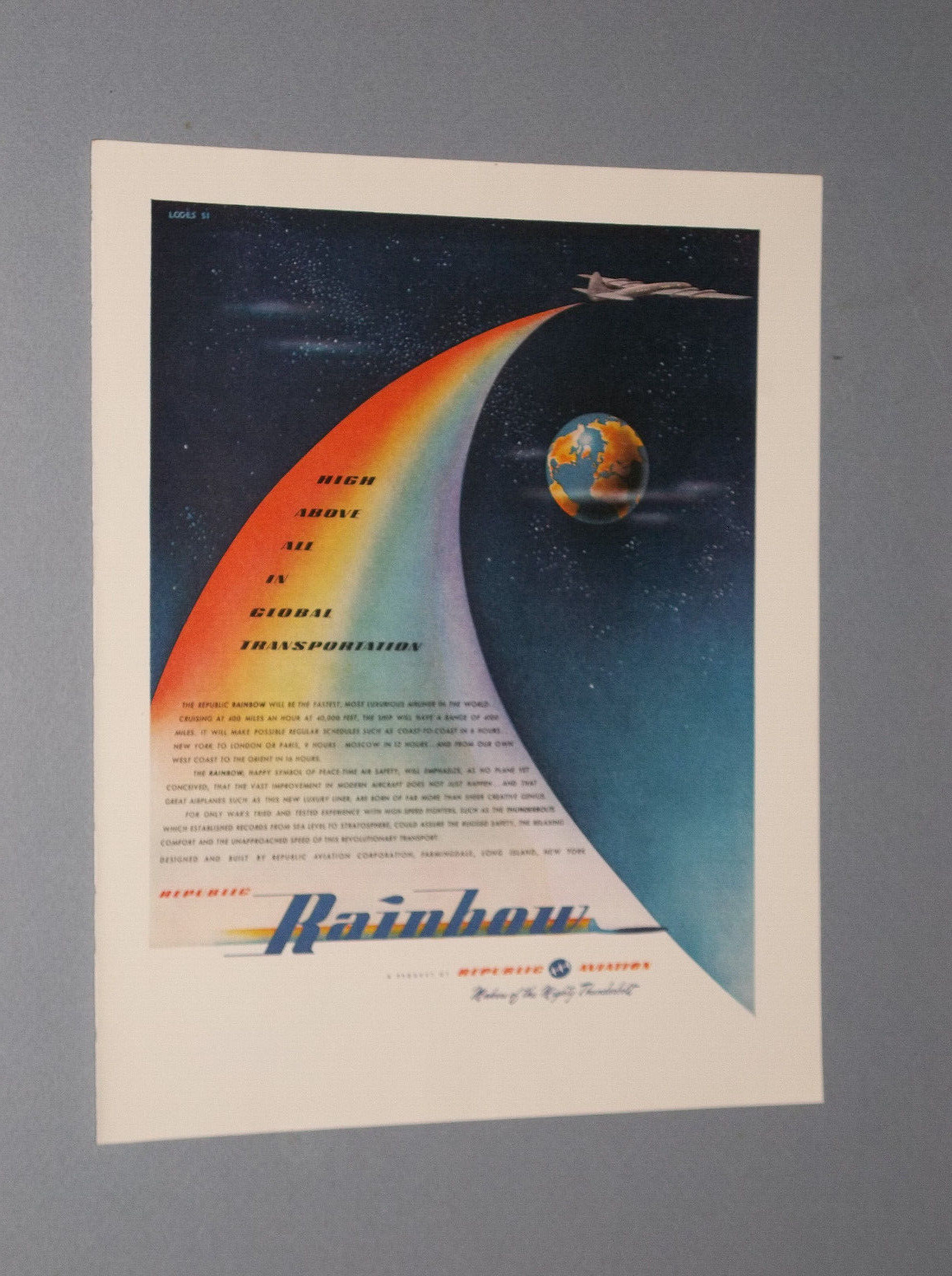 2 1946 REPUBLIC RAINBOW AIRCRAFT ADS FAST LUXURY AIRLINER ADS