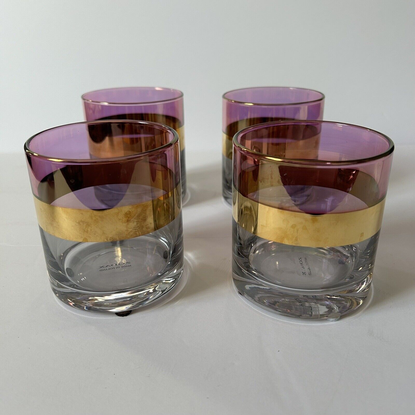 Set of 4 Zodax Cylinder Glass Vases Purple & Gold Made in Poland 4”