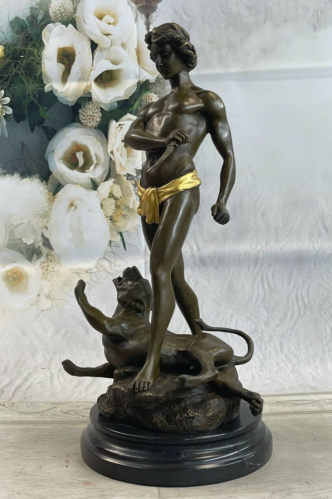 Lion Slayer Gorgeous Genuine plum Bronze Sculpture Statue Noveau Artwork Gift