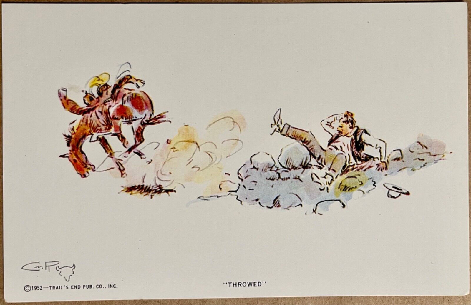 Charles Russell Cowboy Bucked Off Horse Art Western Humor Postcard 1952