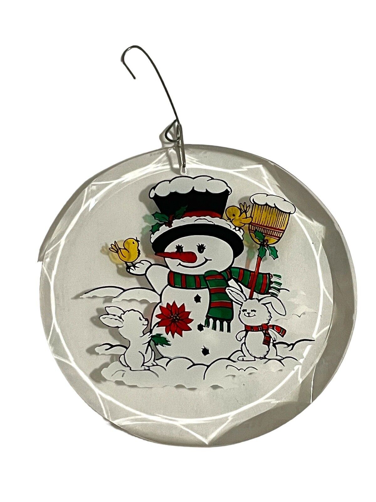 Vintage 80s Christmas Ornament Snowman Bunny Birds Clear Acrylic  Round Signed