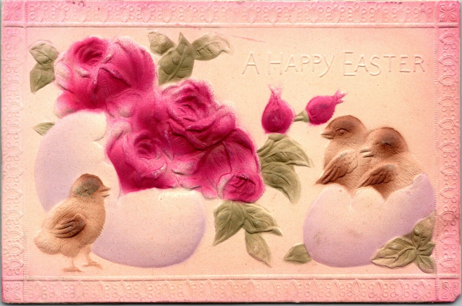 Easter Postcard Chicks Eggs Hot Pink Roses Flowers Hand Airbrushed Heavy Emboss