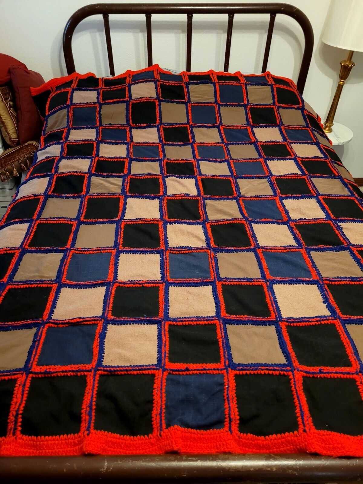 Vintage Large Fusion Quilt With Fabric Squares Crocheted Together