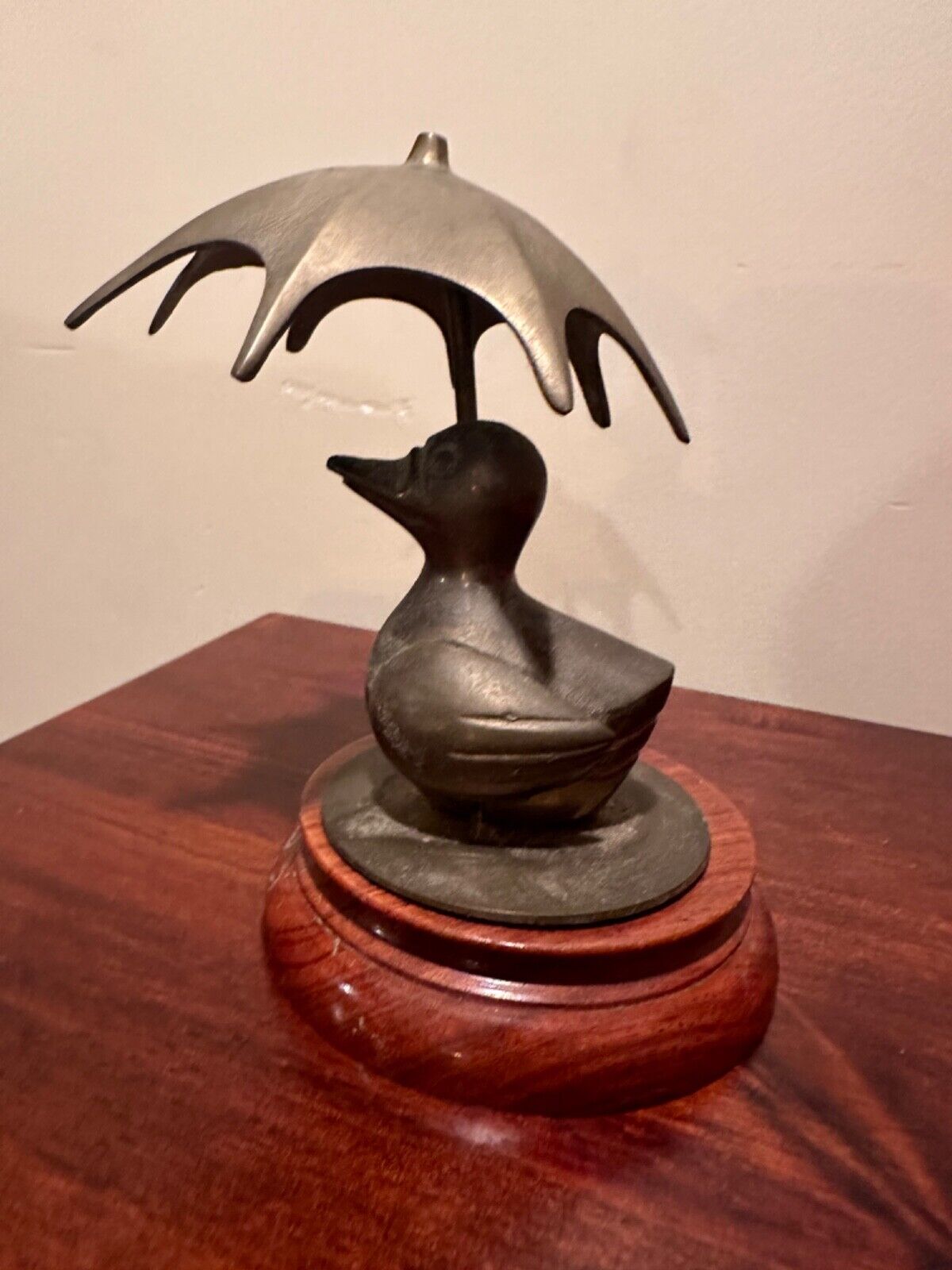 Brass duck with Umbrella Vintage French on wood pedestal