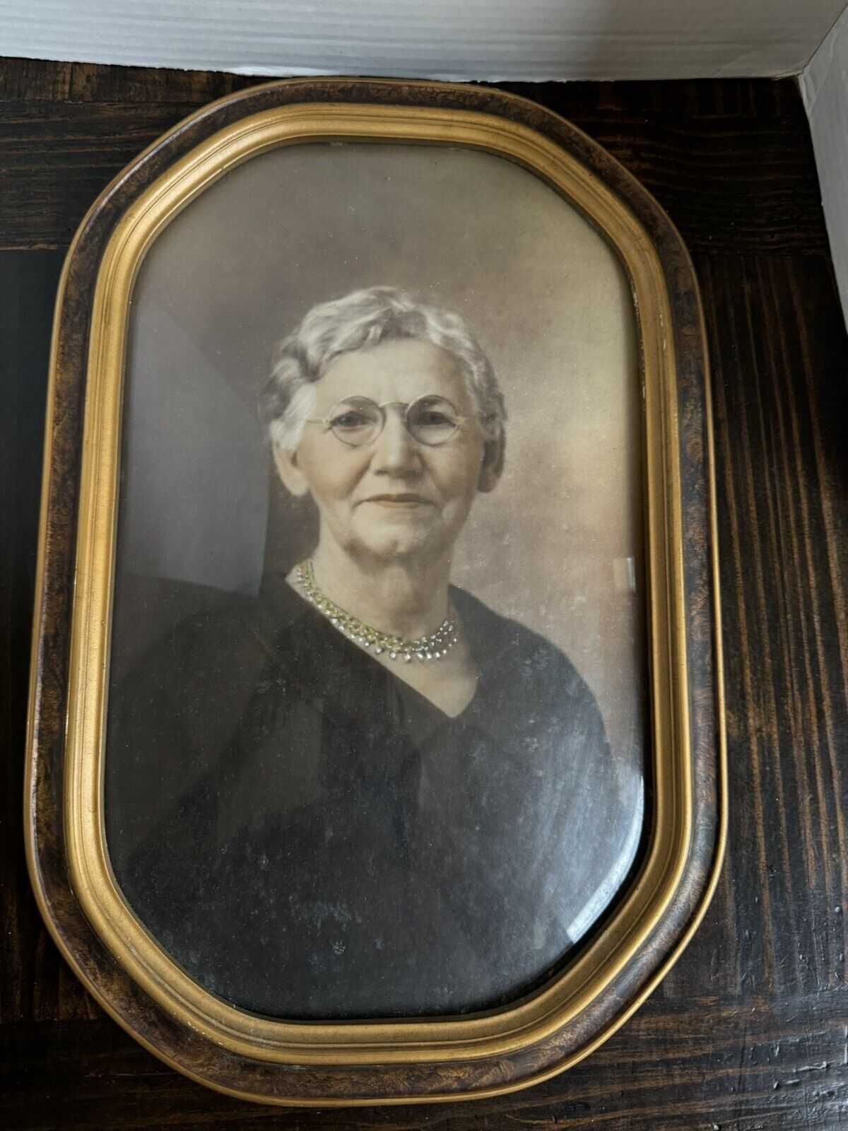 Old wood antique Frame With Bubble Glass oval with Portrait Of An Old Woman