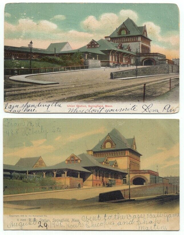 Springfield MA Union Train Station Railroad Lot of 2 Old Postcards Massachusetts