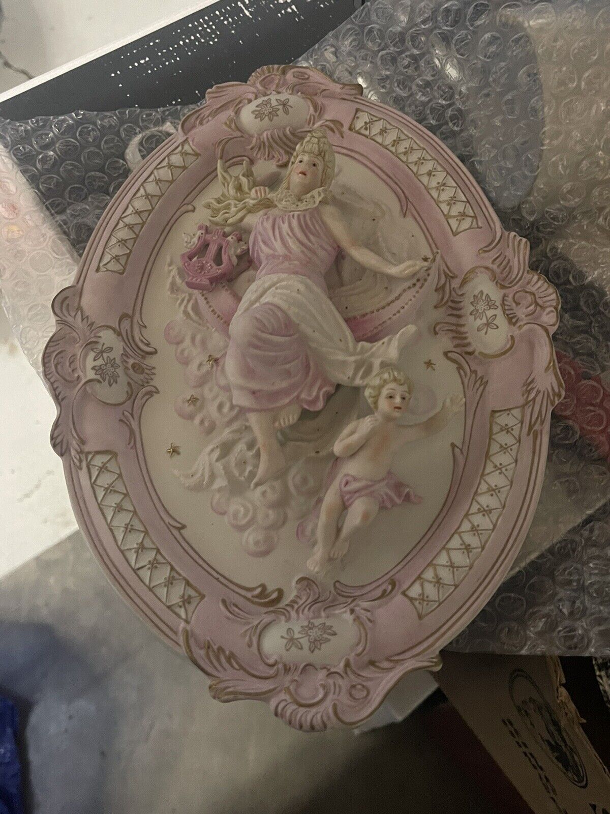 Andrea by Sadek  Plaques Woman and Cherub Putti Moon Stars Clouds Pink Gold