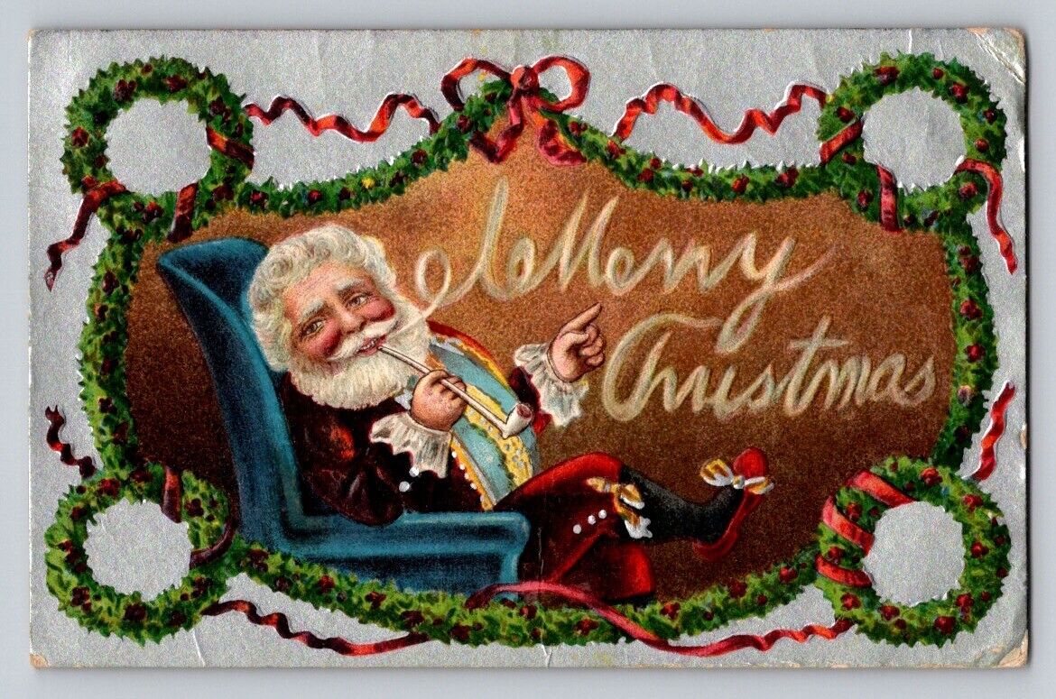 1909  Santa Claus Seated Chair Smoking Pope Wreaths Christmas P690
