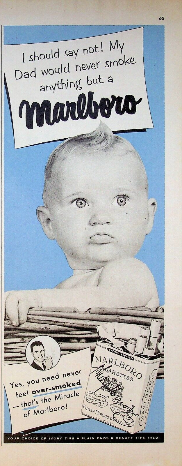 1951 Marlboro Cigarettes Vintage 50s Print Ad Baby Blue Basket Cowlick Hair Dad