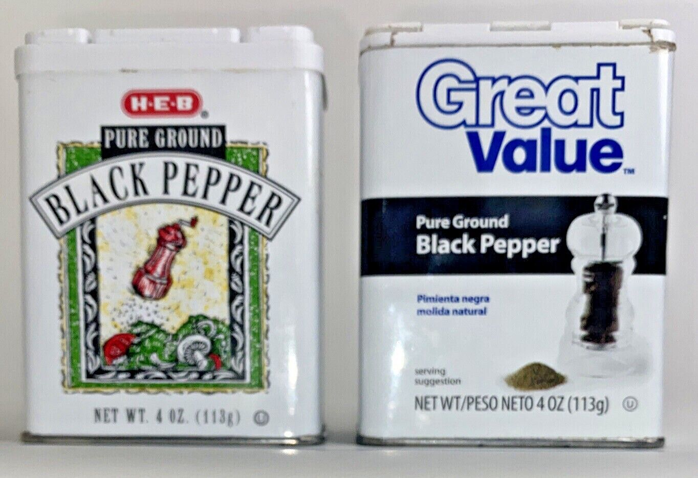 Set of 2 Pure Ground Black Pepper 4 oz Tins Cans HEB 2020 & Great Value 2014