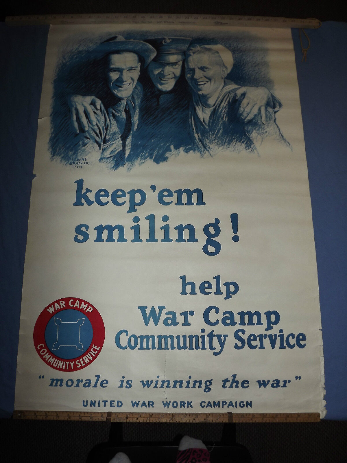 VINTAGE WWI WORLD WAR 1 1918 BRACKER KEEP EM SMILING WAR CAMP SERVICE POSTER