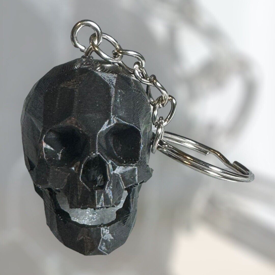 3D Printed BLACK SKULL HEAD Keychain Key Ring - Low Poly Design