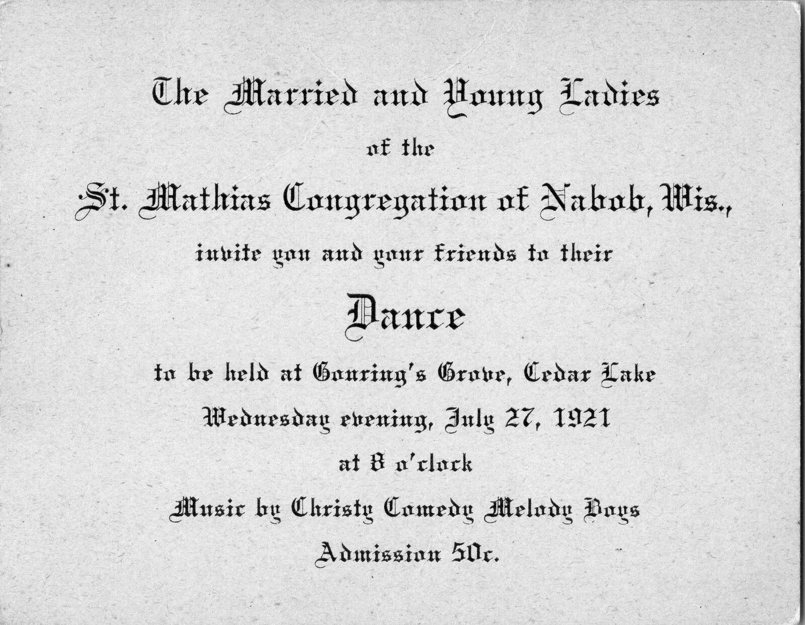 Married & Young Ladies Dance Invite St Mathias Cedar Lake Jul 27,1921 Music Dogs