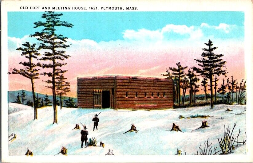 Postcard Depiction of Old Fort & Meeting House Plymouth MA Massachusetts    M449