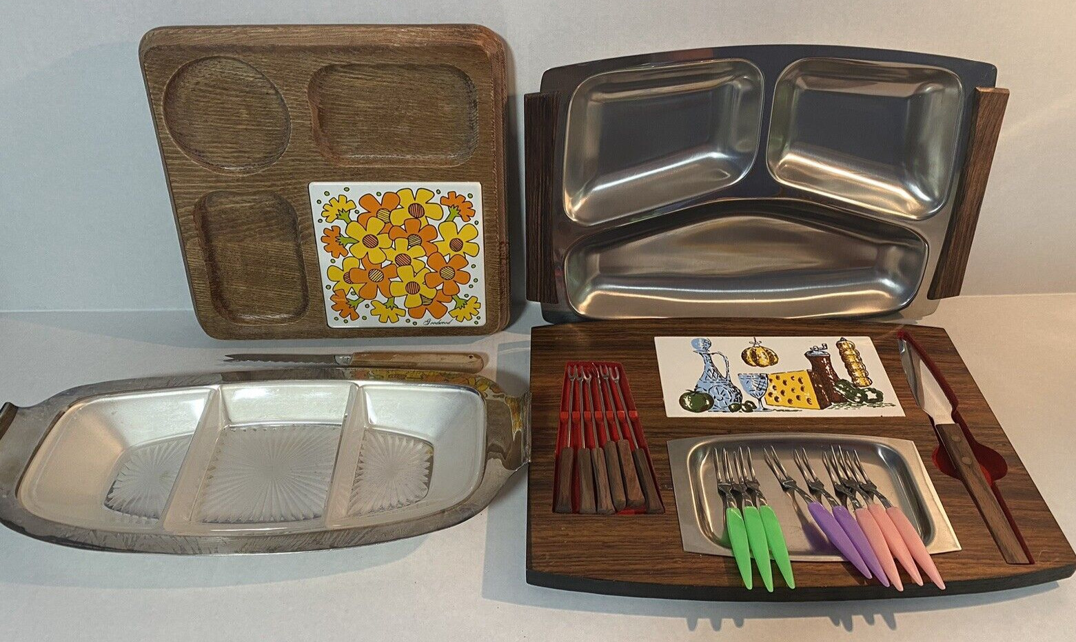 Vintage Mid-Century Cheese Board Ceramic Tile Trays + Stainless Pieces Large Lot