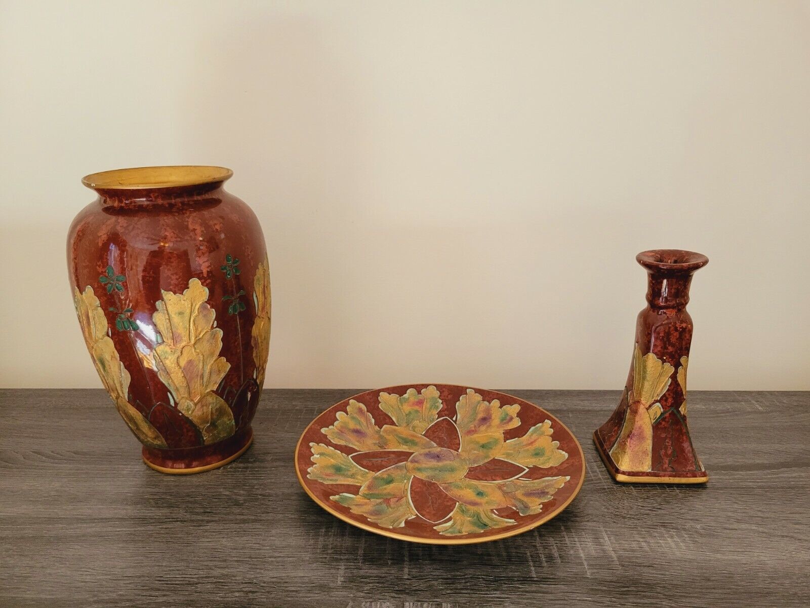vintage brown and gold ceramic vase plate and candle holder set