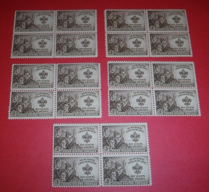 LOT of 5 Blocks of 4 Boy Scouts of America 1950 3 cent stamps -Scott #995 unused