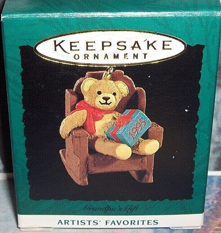 Grandpa\'s Gift`1995`Miniature-Little Bear In Rocker Has A Gift,Hallmark Ornament