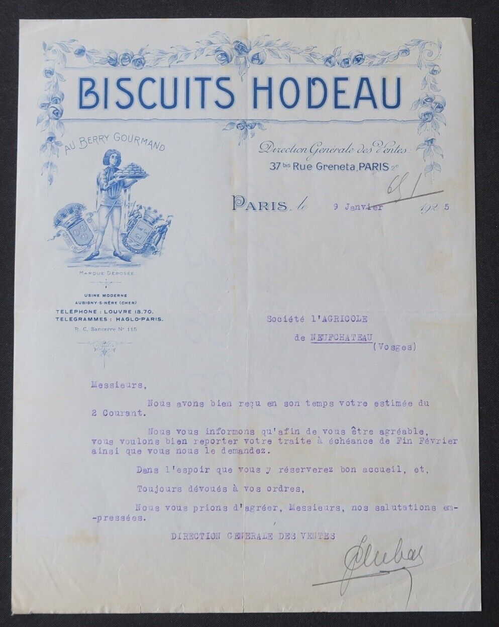 Invoice PARIS 1925AU BERRY GOURMAND HODEAU Illustrated Biscuits 81