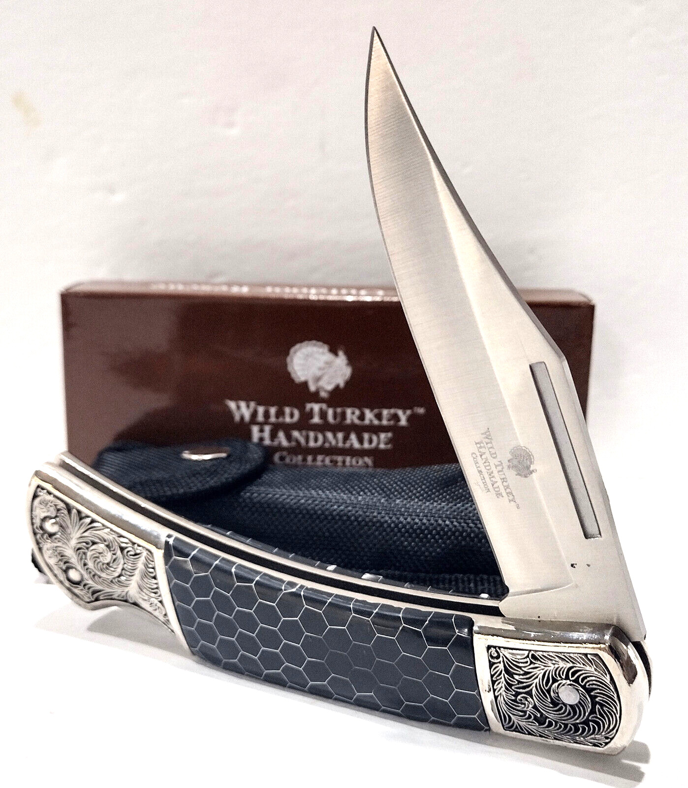 Wild Turkey Black Checkered Diamond Lockback Folding Pocket Knife + Nylon Sheath