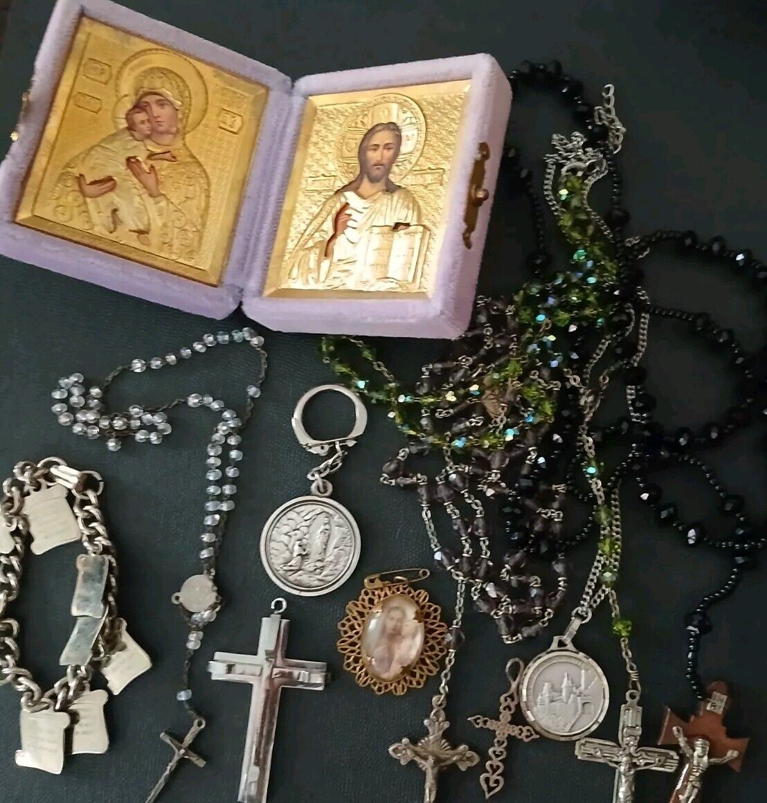 Vtg Religious Crystal Rosaries Medallions Crucifix Mary Jesus Pendant LOT Of 11+