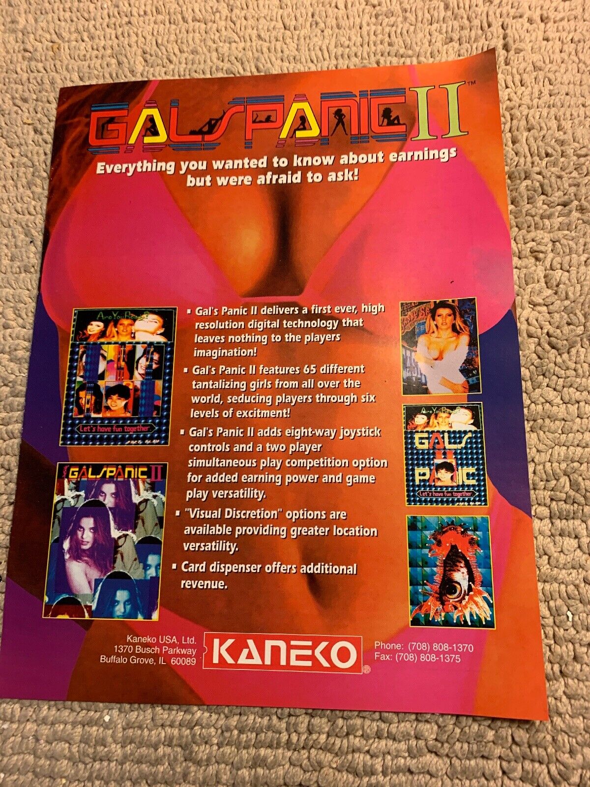 original 1993 ad 11-8 1/4” Gals Panic 2 II Kaneko Arcade Video GAME FLYER