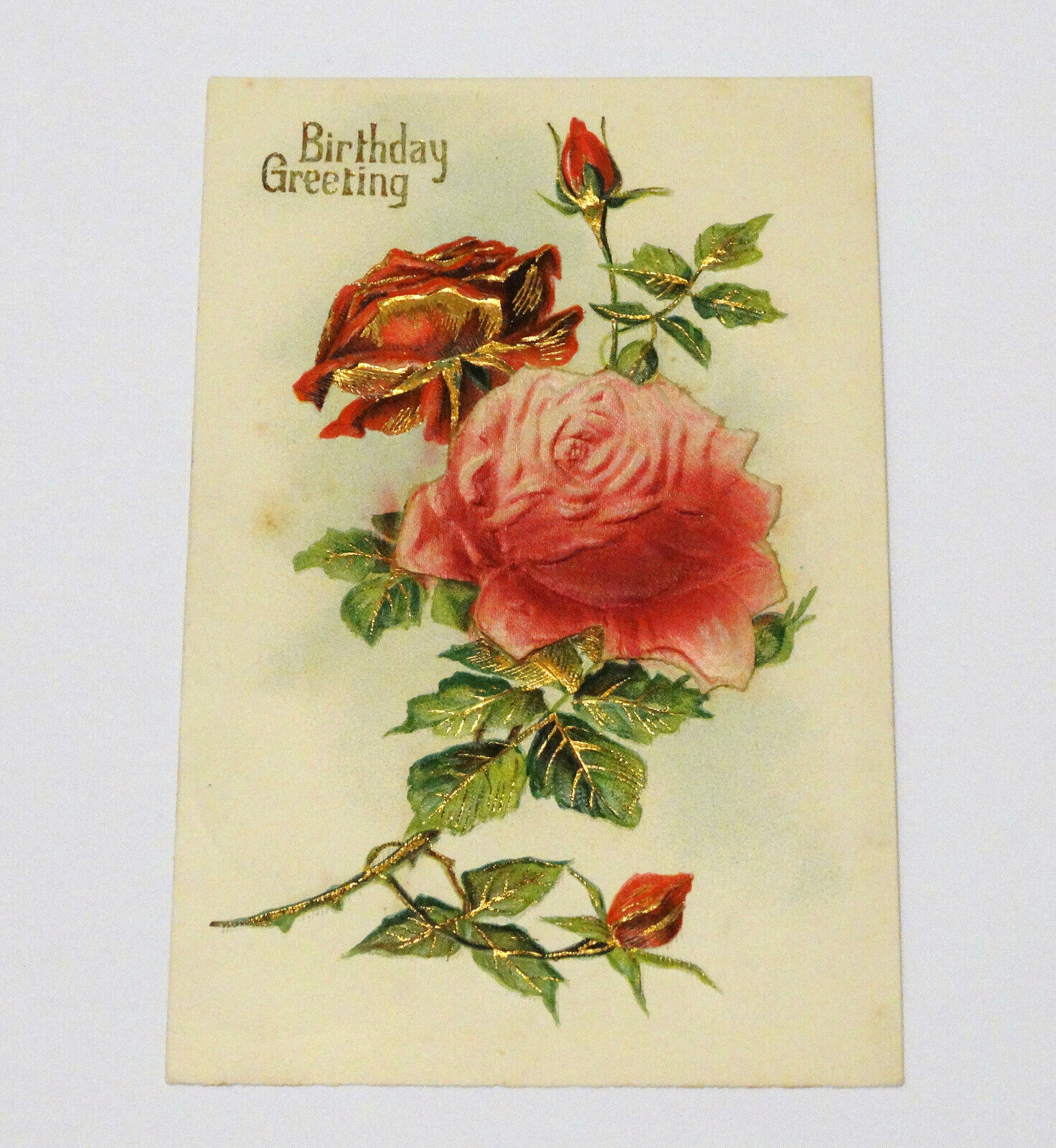 Birthday Greeting Postcard Embossed Roses Flowers c1910 Vintage