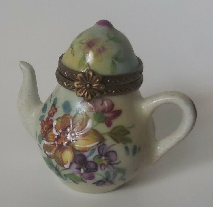 Limoges Rehausse Main Marque Reposee Hinged Trinket Teapot Vintage France