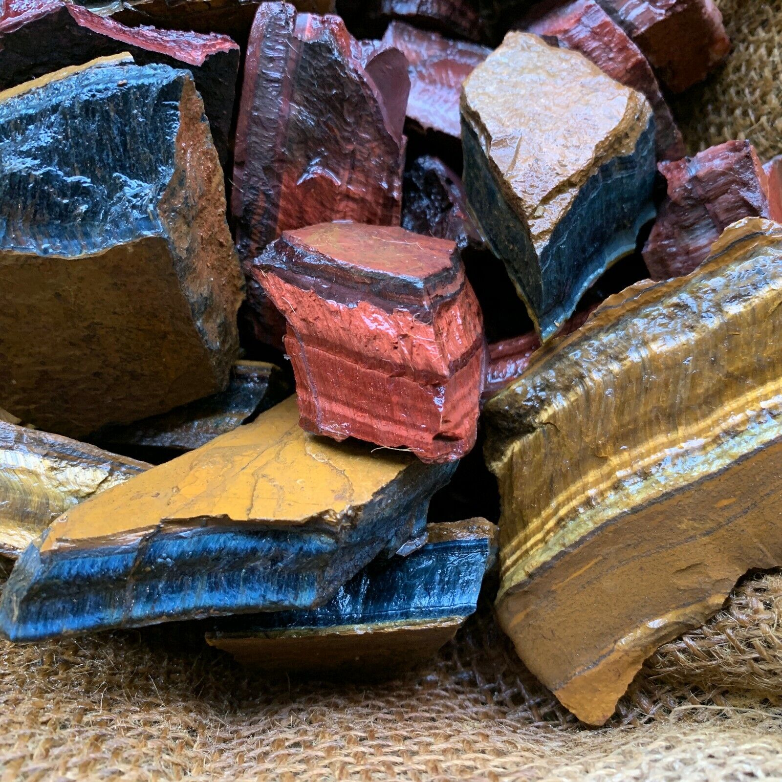 MIXED Tiger Eye Rough (RED, BLUE, GOLD) - 500 Carat Lots+a FREE Faceted Gemstone