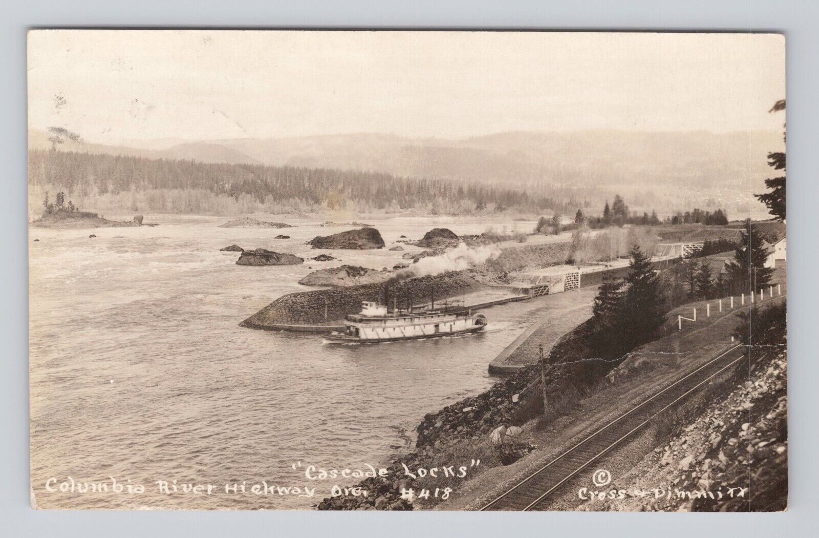 Postcard RPPC Columbia River Highway Cascade Locks Paddle Steamer Oregon