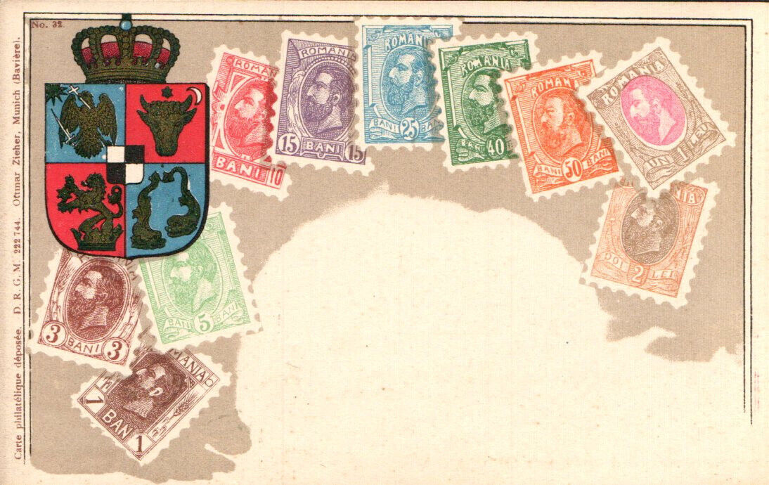 C 1899 PC ROMANIA PHILATELY ARRAY OF STAMPS COUNTRY CROWN CREST & SHIELD