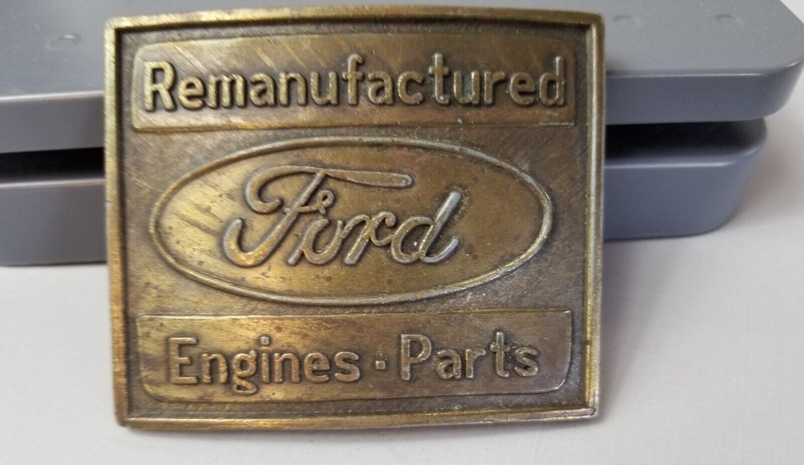 Vintage FORD Remanufactured Engines Parts Brass Tone Metal Belt Buckle Embossed