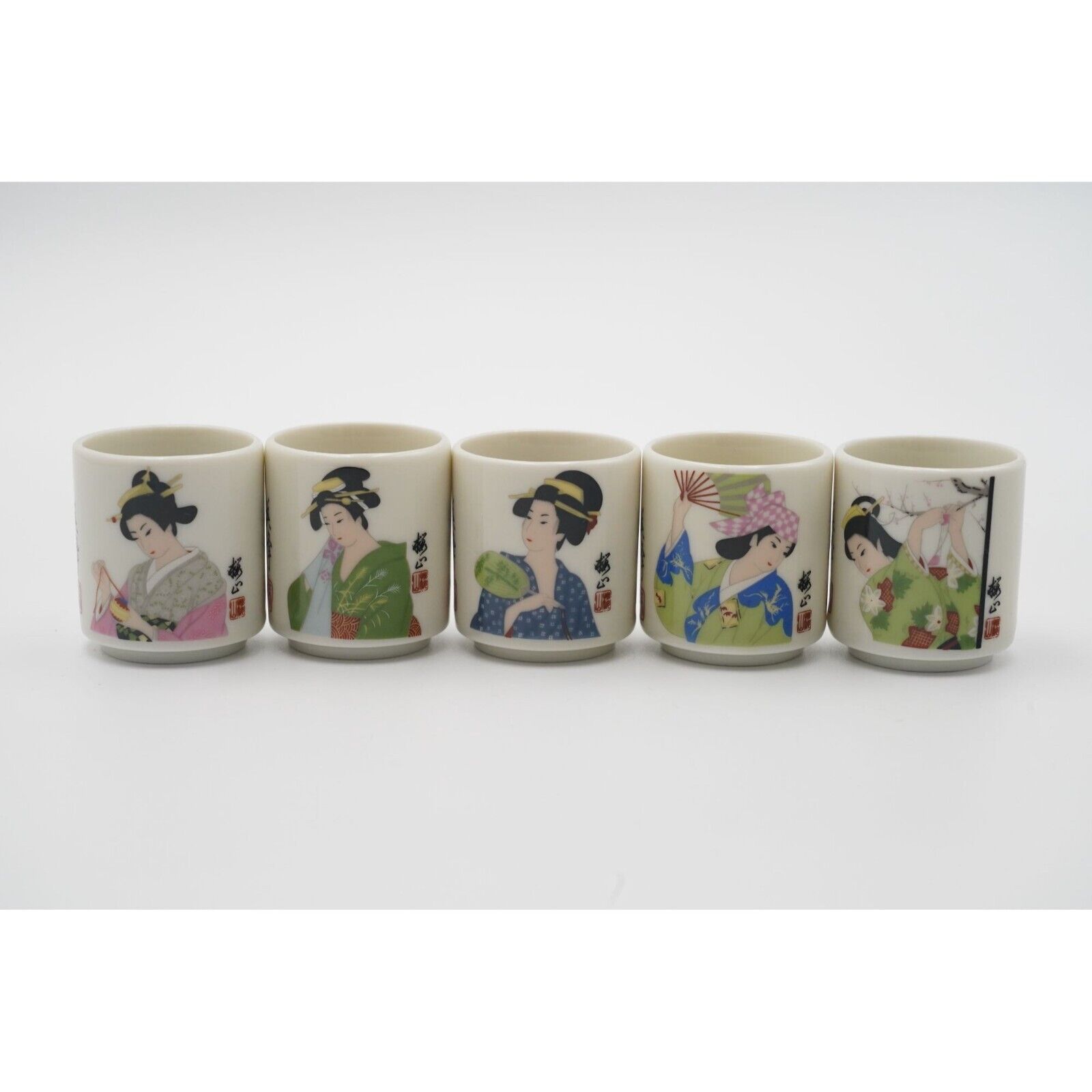 Vintage Japanese Porcelain Geisha Sake Cups Set of 5
