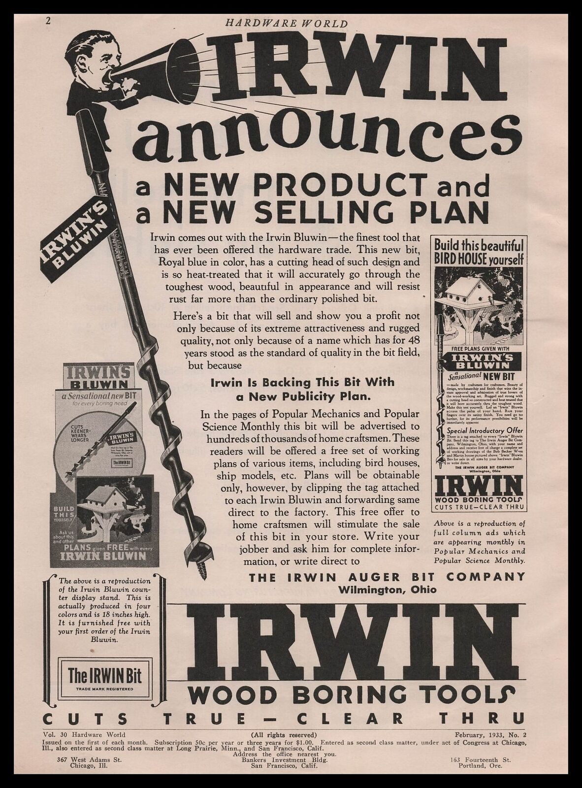 1933 Irwin Auger Bit Company Wilmington Delaware Boring Tools Vintage Print Ad