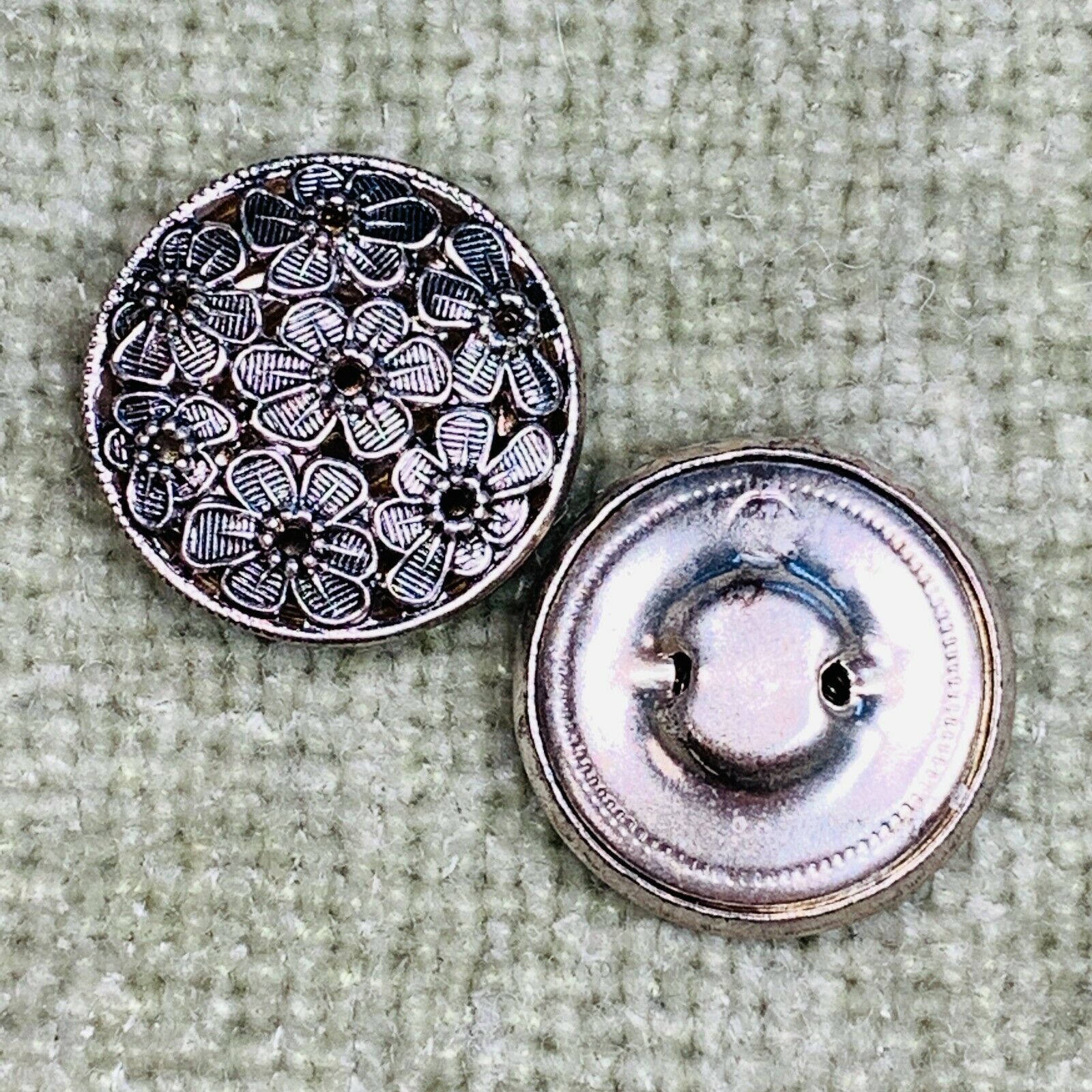 Silver Tone 2 Floral Metal Shank Buttons 1960s Puffed Hallow Metal Buttons 7/8\