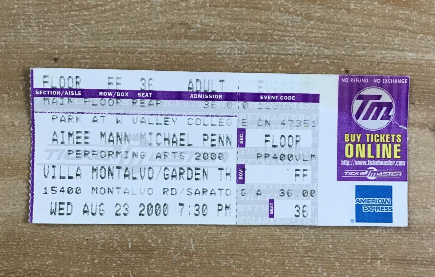 Amiee Mann - Michael Penn Concert Ticket August 23 2000 Villa Montalvo CA Rare