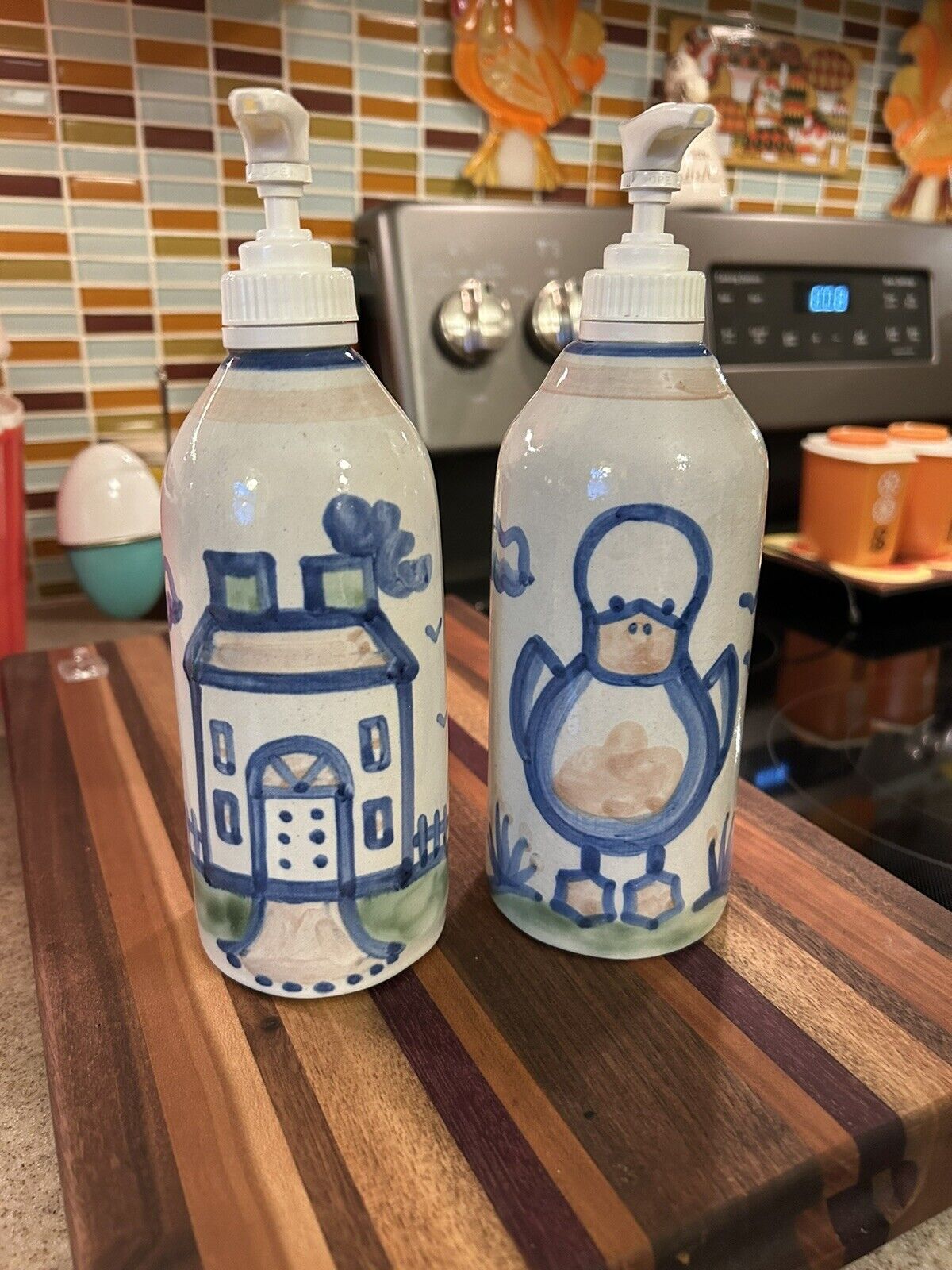 MA Hadley Pottery Stoneware Soap Dispensers Set Of 2 Country Farmhouse And Duck