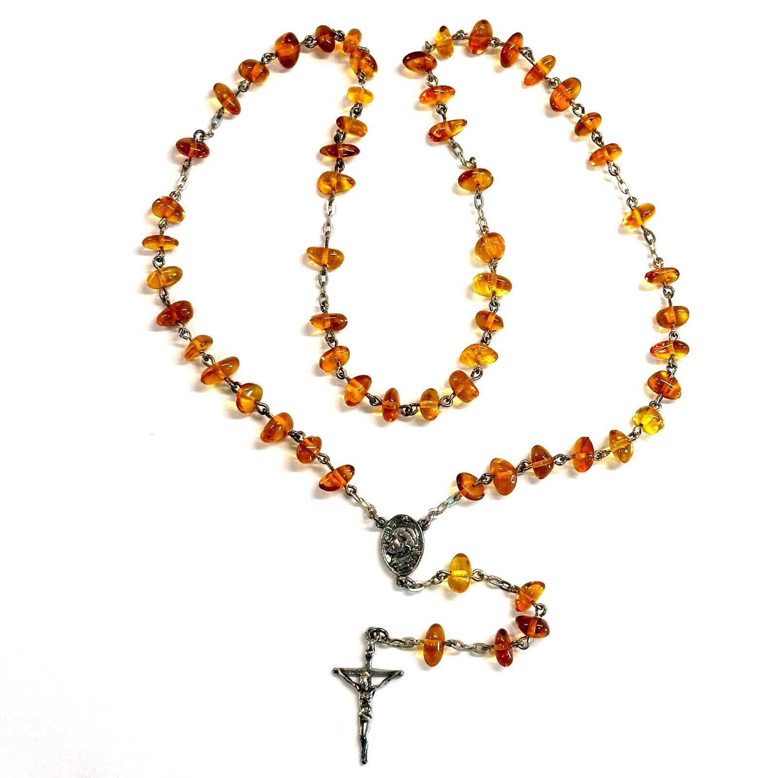 925 Solid Pure Sterling Silver Honey Baltic Amber Rosary Beads Necklace 22 in
