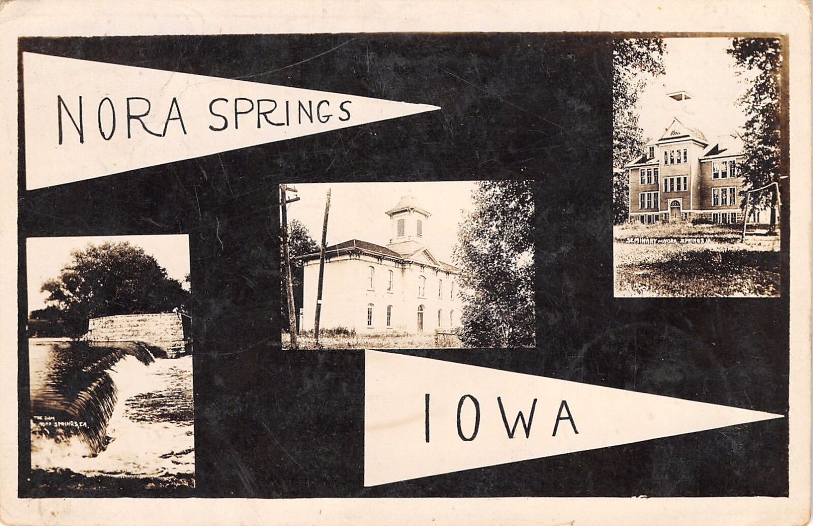 Nora Springs Iowa~Multi Mini Views~School~Dam Seminary~Pennants~1914 RPPC