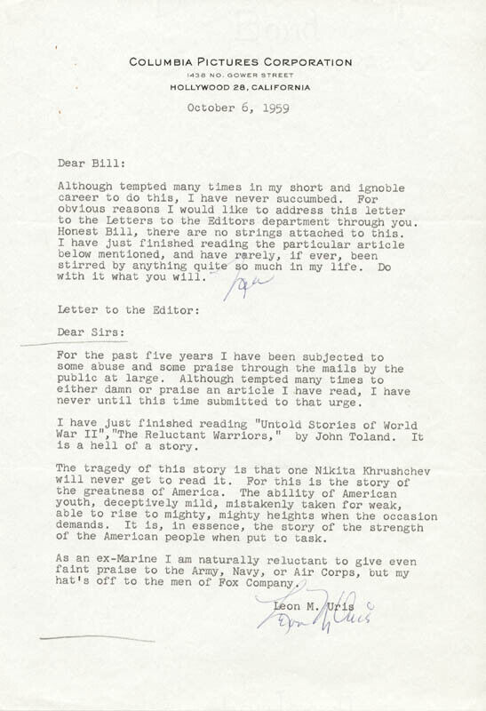 LEON URIS - TYPED LETTER SIGNED 10/06/1959