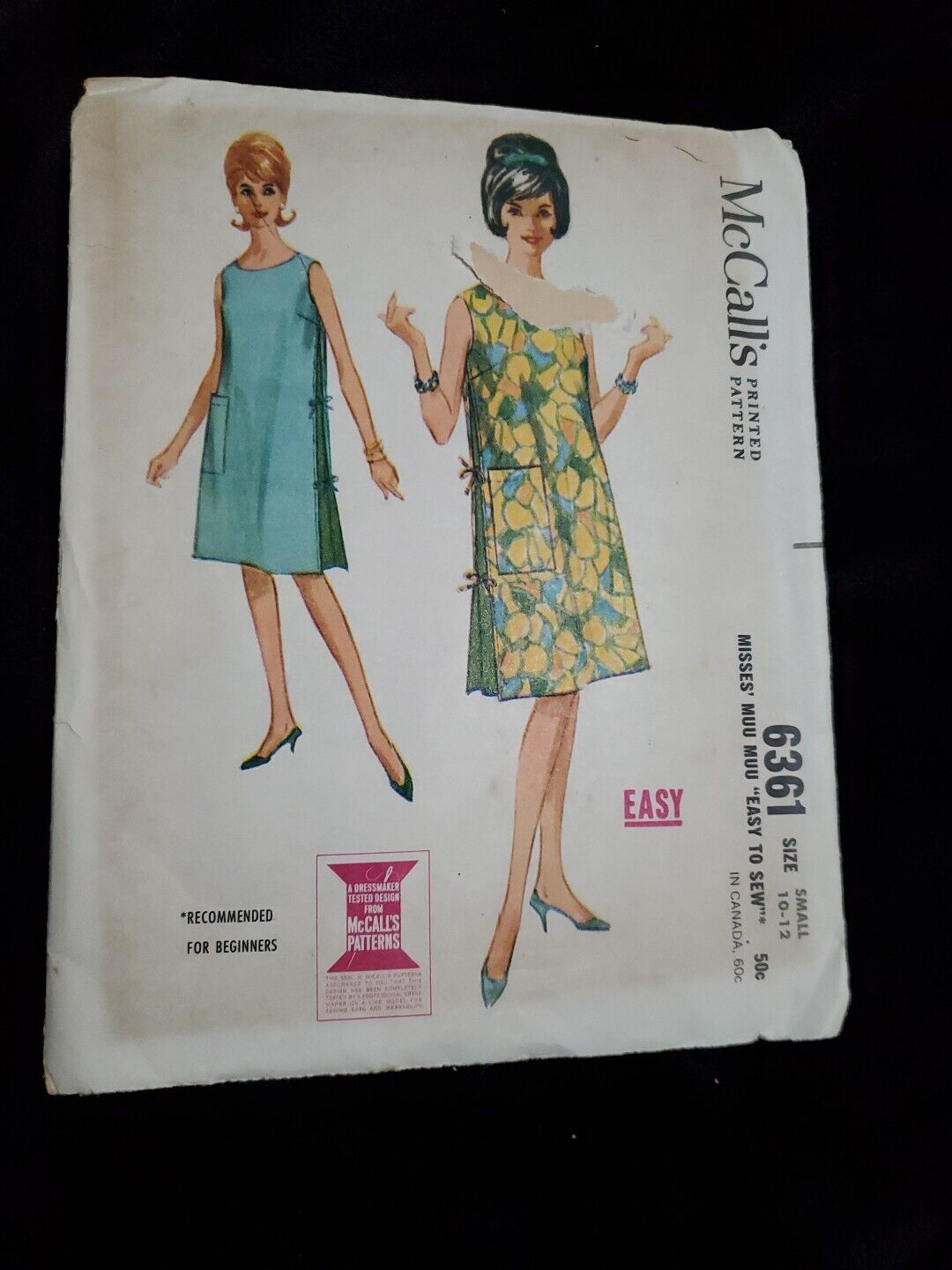 1962 McCall's Misses' and Junior Muu Muu Pattern #6361 Size 10- 12 Small