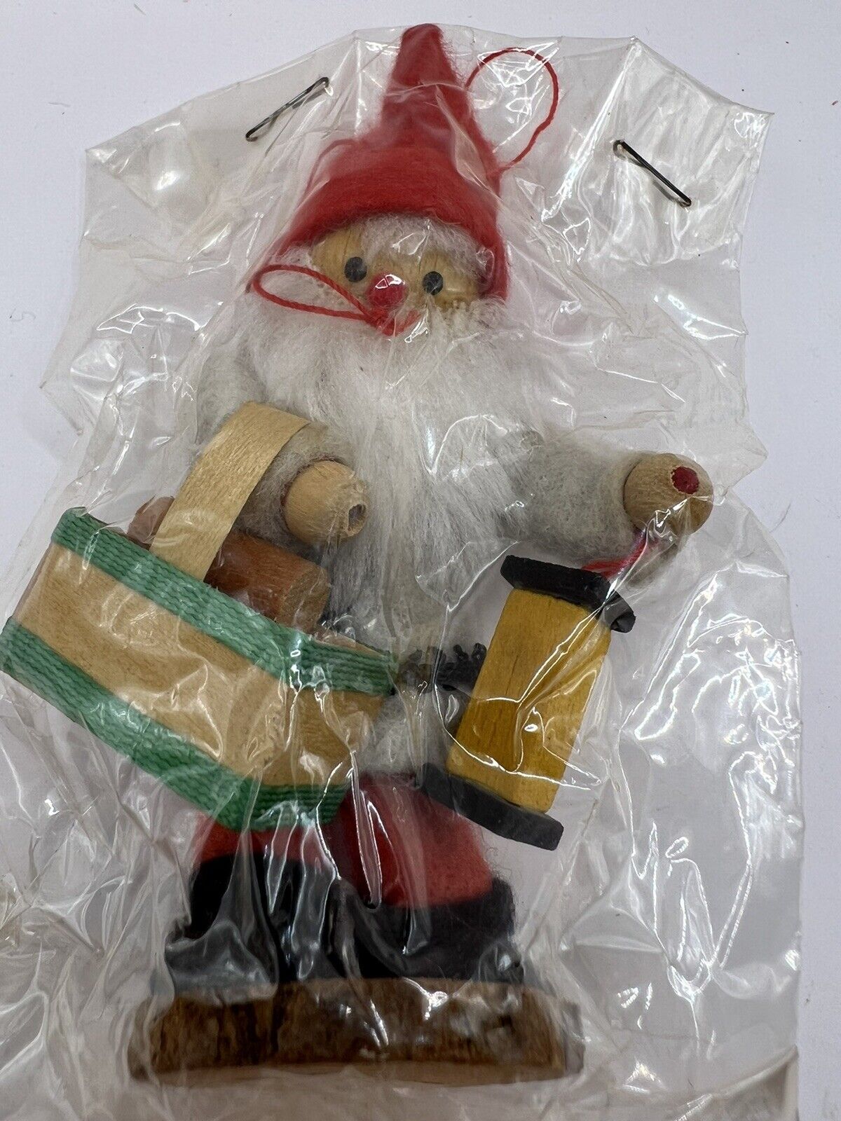 Vintage Hand Felted Woodland Gnome Elf Ornament Nordic Gray Coat Red Hat NOS