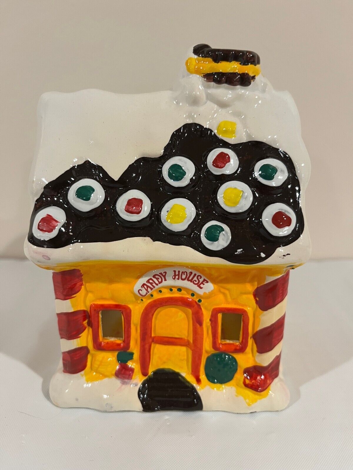 JSNY Holiday Village Candy House Ceramic Candle Holder Hand-Painted 3.75x3.25x5