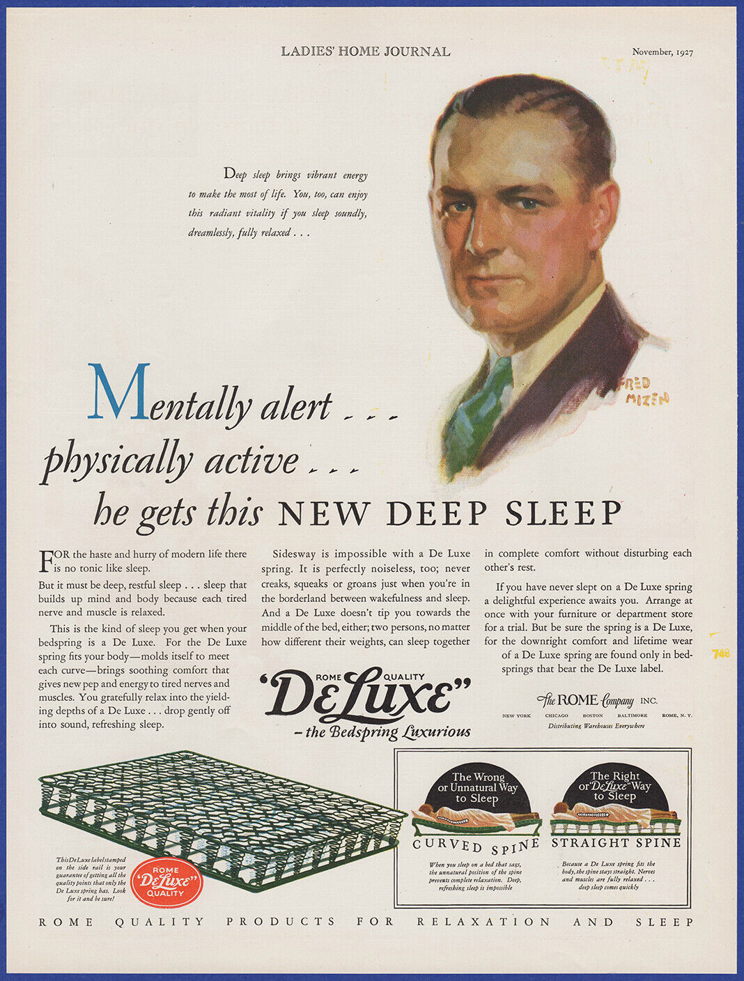 Vintage 1927 ROME QUALITY DeLuxe Bedspring Mattresses Fred Mizen Art Print Ad