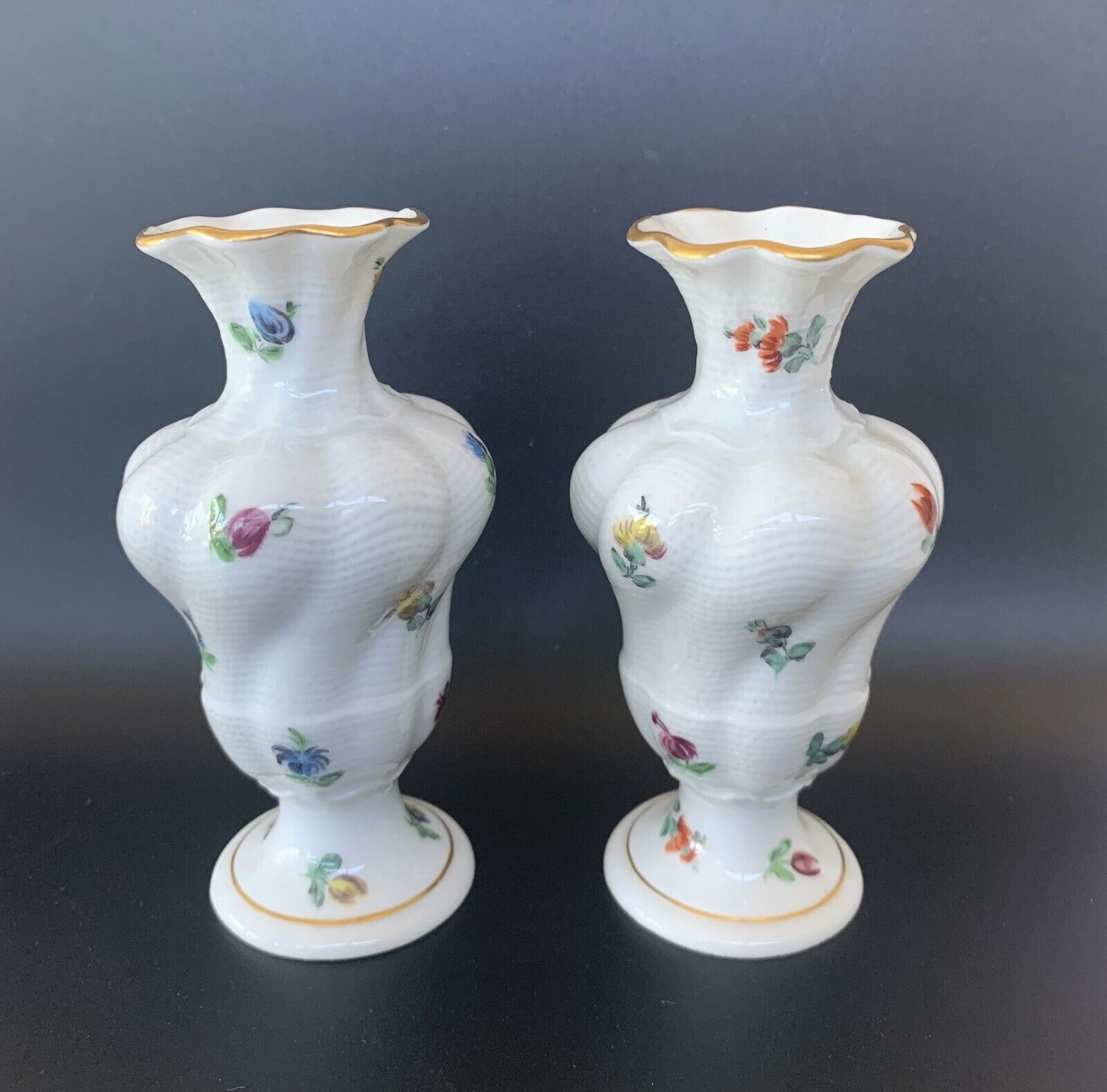 Antique A pair of 1900’s Nymphenburg Hand Painted Porcelain Bud Vases  4.5\